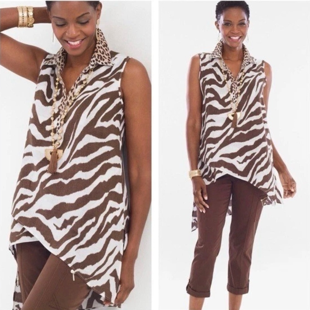 Chico’s Zebra Print Sleeveless Linen High Low Tunic Brown & White Size 10 1.5 M